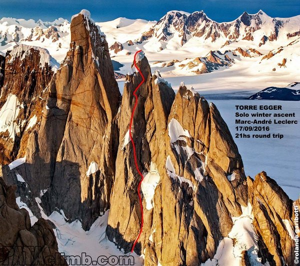 Marc Andre Leclerc szóló útvonala a Torre Eggerre Forrás: Patagonia Vertical/Rolando Garibotti