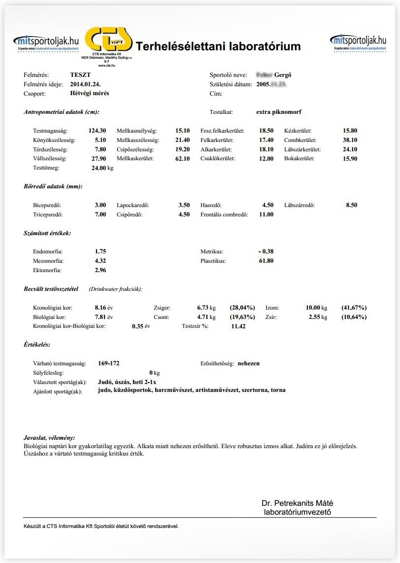 Sportantropometriai vizsgálat eredménye