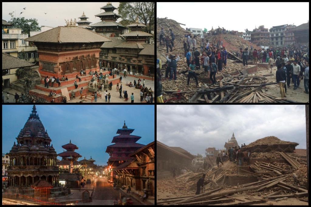 Kathmandu műemlékei a földrengés előtt és utána