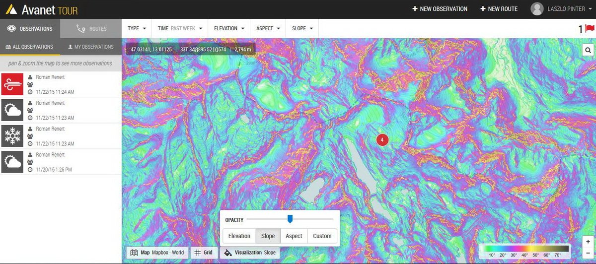Mölltaler gleccser: A lejtőszög meredeksége szerint színezett térképszelvény