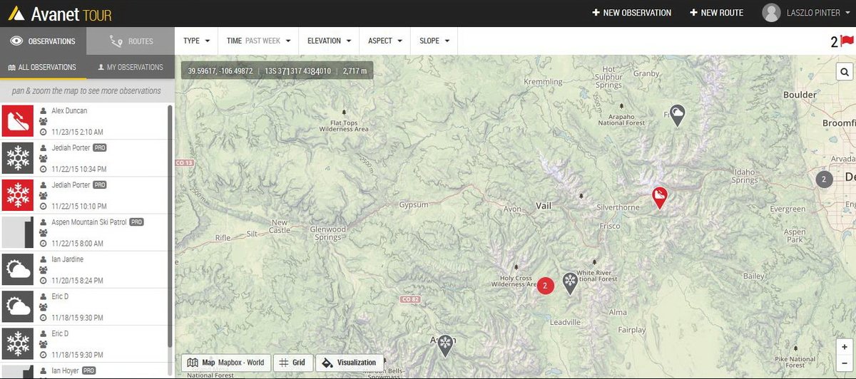 A kis piros nyílban fehér felhő jelöli a már megtörtént lavinát. Bal oldalon az összes észlelés, felhasználók szerint Forrás: AvaNet screenshot