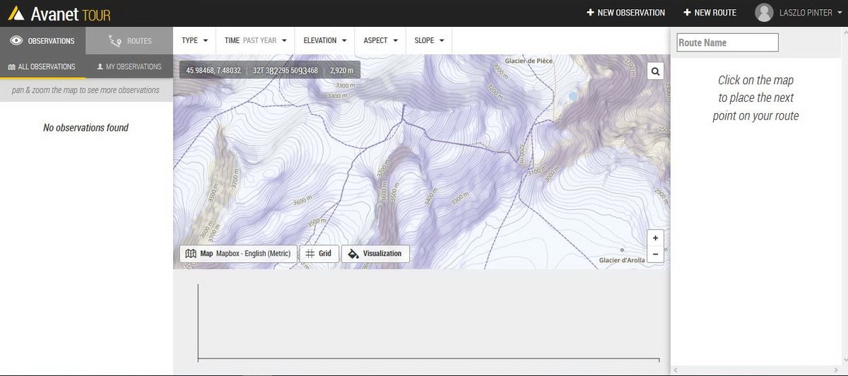 A legnépszerűbb alpesi sítúra útvonal, az Haute Route középső szakasza, a Pigne d\'Arolla és a Cabane de Vignette (a nevek csak közelebbi nézetben kerülnek a térképre) Forrás: AvaNet screenshot