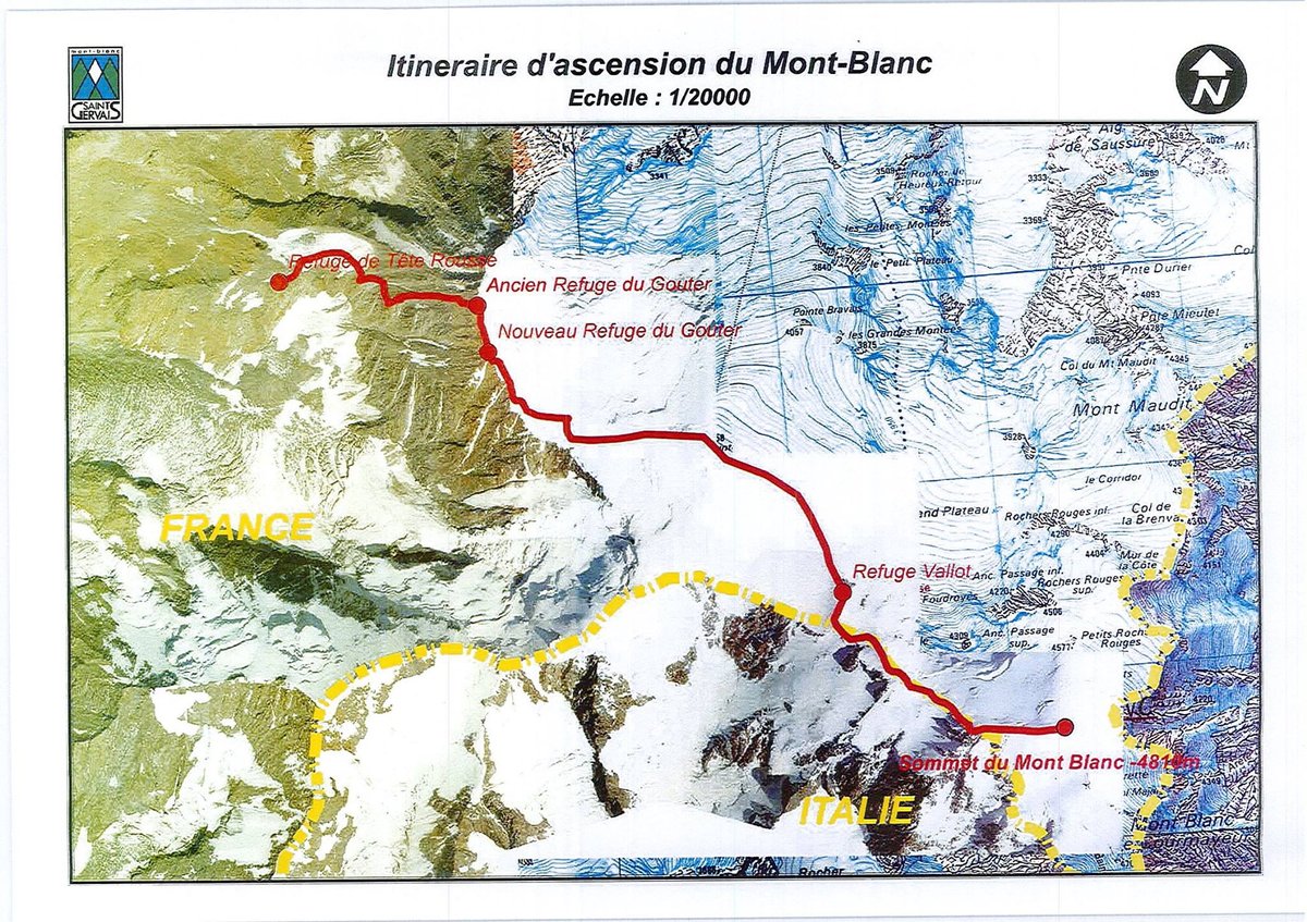 A Mont Blanc francia normál útja, a Gouter (Voie Royal). Ezen kötelező a rendeletben szereplő minimális felszerelés használata Forrás: St. Gervais les Bains Facebook