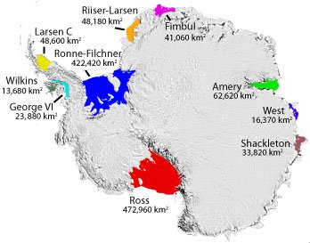 Kékkel a Filchner-Ronne-jégself, pirossal a Ross-jégself. A teljes távos expedíciók a jégselfek tenger felőli pereméről indulnak, de sokan a szárazföld felőli részt is legitimnek tartják Forrás: Wikipédia