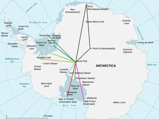 Különböző expedíxiós útvonalak sível és kite-tal az Antarktikán. A legrövidebb, világoszöld a Messner-start - Leverett-gleccser útvonal Forrás: www.explorersweb.com